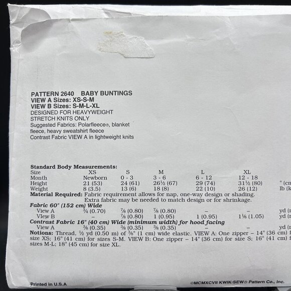 Kwik Sew 2640 “Baby Buntings” (Size XS-XL) Sewing Pattern Uncut FF - Picture 3 of 5